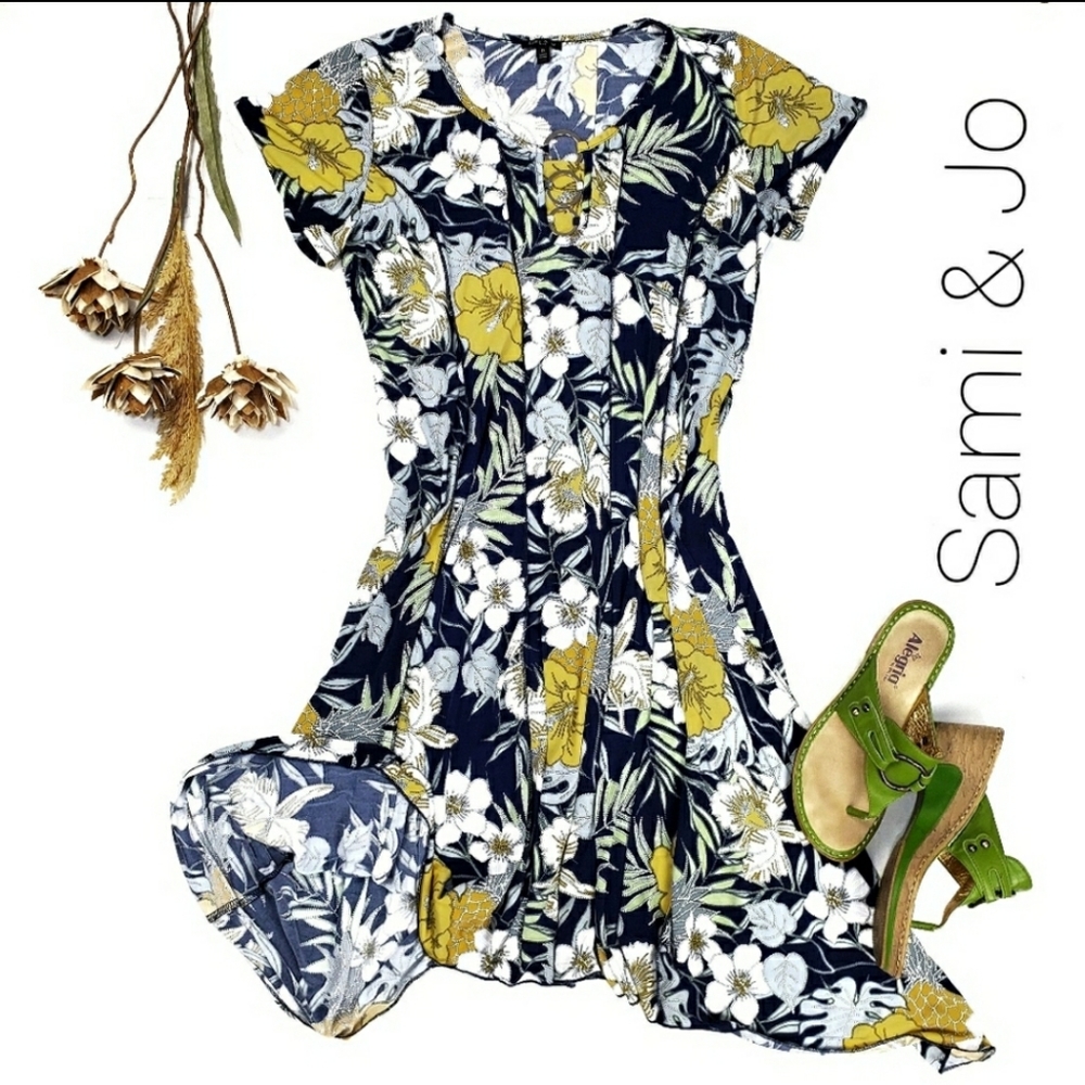 Sami & Jo Blue Yellow Floral Boho Tunic Dress 2X